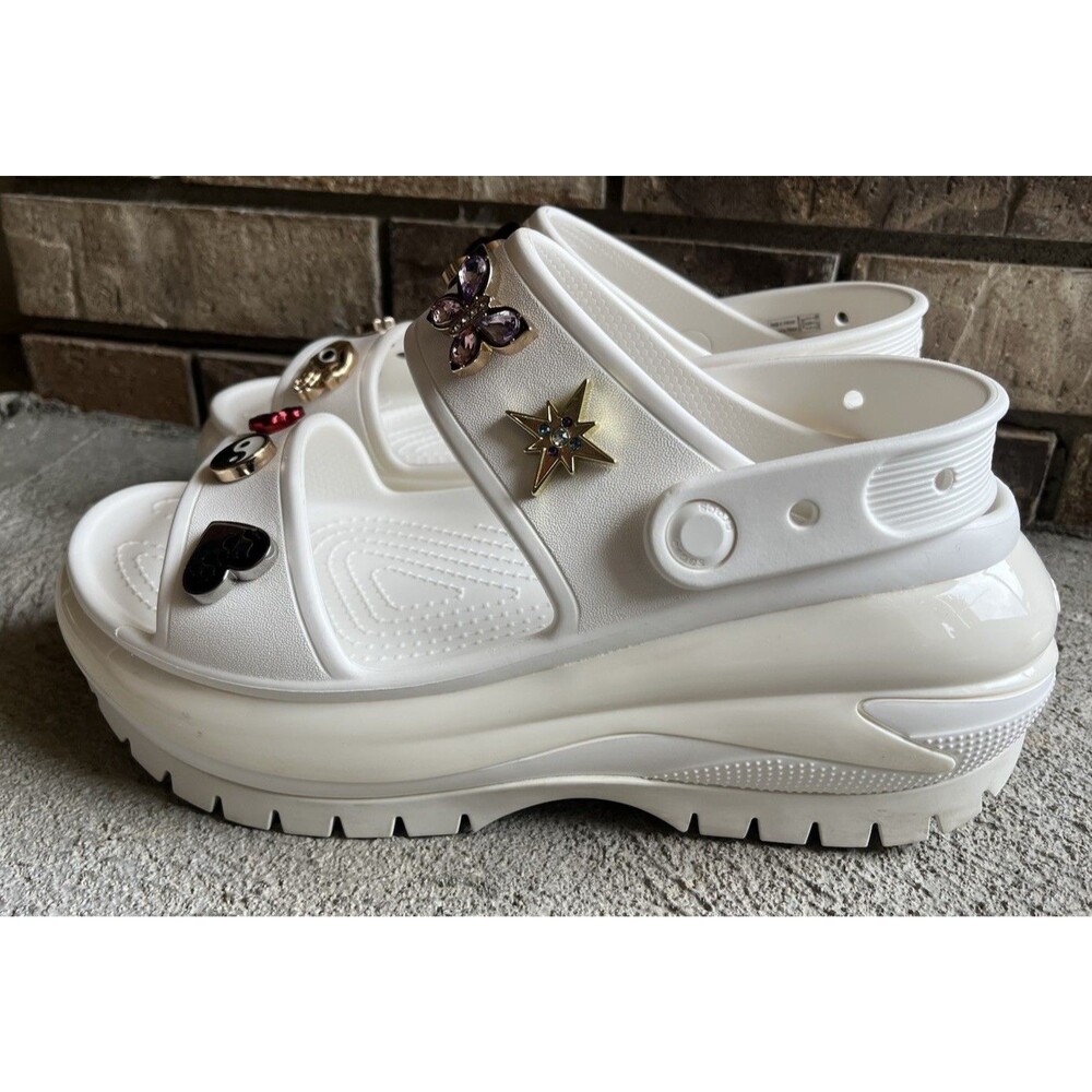 Crocs Mega Crush Women's 9 Men's 7 Platform Sandals - White w/ Jibbitz Charms - Picture 8 of 16